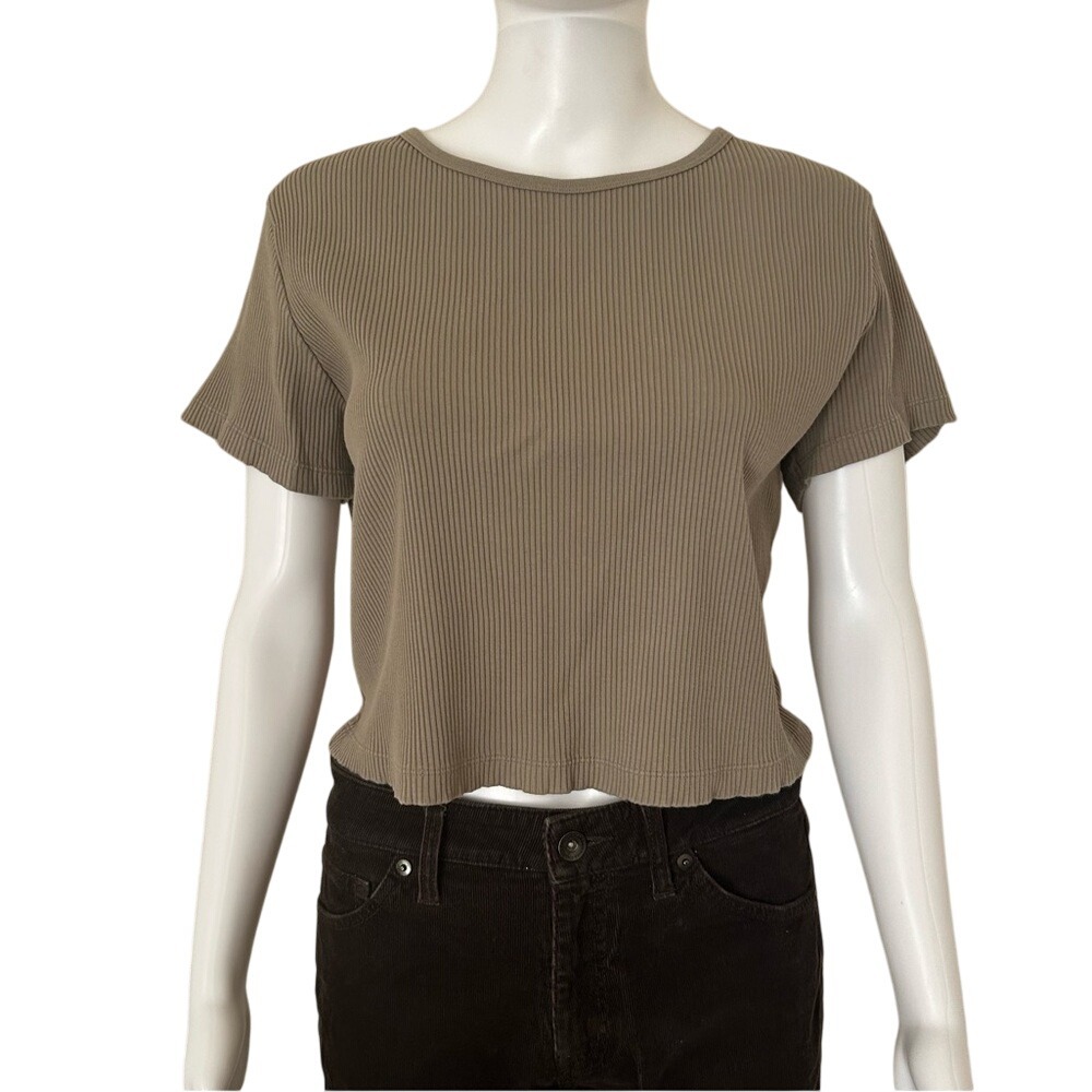 Uniqlo Olive Ribbed Cropped Short Sleeve Stretch Cotton Blend Top T-Shirt XL